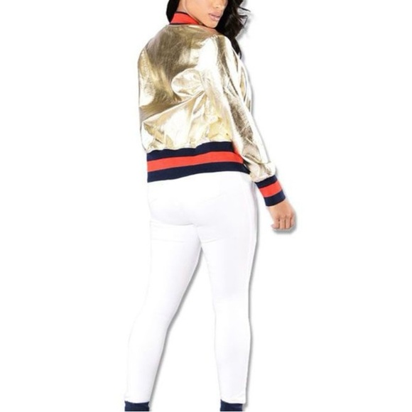 Gold Leather Bomber Jackets Long... - Picture 2 of 3